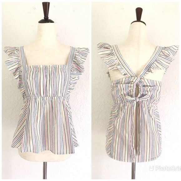 ELLA MOSS Striped Babydoll Top Square Neckline Flutter Sleeve Medium Large New - Picture 1 of 16
